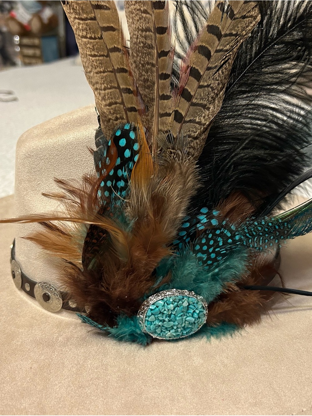 Decorative Feathered Hat Pin with Turquoise Stone Accent Vintage pin
